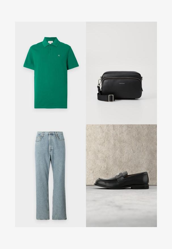 Grünes Poloshirt aus Baumwolle mit klassischem Kragen, kurzen Ärmeln und kleinem gesticktem CK-Logo auf der Brust.; Helles blaues Denim-Jeans mit hoher Taille, weit geschnittenen geraden Beinen und einfacher Naht. Verfügt über fünf Taschen und einen klassischen Knopfverschluss.; Schwarzer Lederloafer mit einer Metallmarkenplatte, der nahe einem braunen runden Tisch auf beigem Teppichboden ruht.; Schwarze Leder-Crossbody-Tasche mit zwei Reißverschlussfächern, strukturiertem Finish, verstellbarem Tragegurt und silbernen Hardware-Details. Calvin Klein-Logo angebracht.