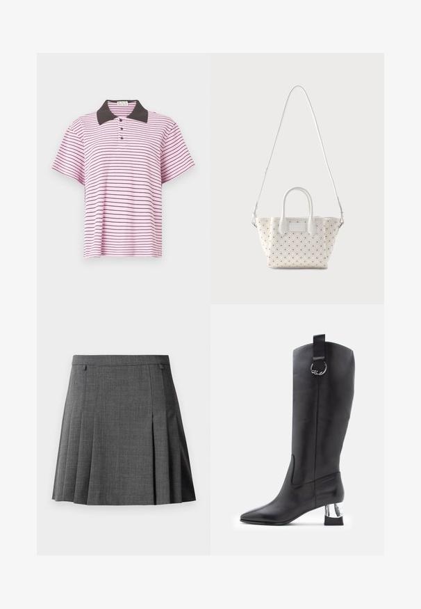 Stripet polo-shirt med en pink bundfarve og sorte, vandrette striber, en sort krave og tre knapper ved halsen. Kortærmet.; Grå plisseret nederdel med en tætsiddende talje, lavet af et glat, medium-vægt stof.; Sorte læder knæhøje støvler med spids tå og krom blokhæl. Har en rem med en rund hardware accent øverst.; Hvid quiltet læderhåndtaske med små perforeringer, to korte håndtag og en justerbar lang skulderrem.