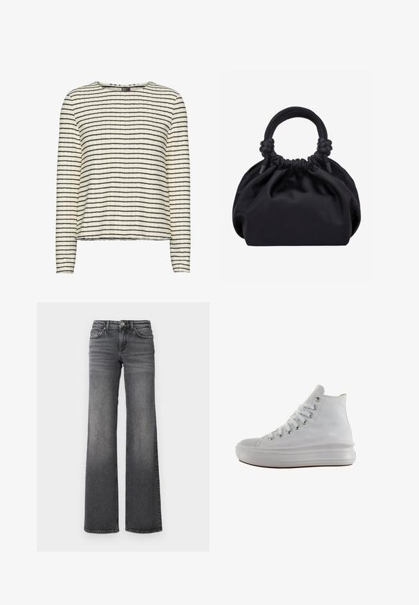 Langermet topp i teksturert kremfarget stoff med smale svarte horisontale striper, med rund hals og rett nederkant.; Mørkegrå jeans med rett ben og lett falming på lårene, samt standard femlommers design, mot en hvit bakgrunn.; Hvit høye tøysko med hvite lisser, metallhull, tykk gummisåle og strukturert tåhette, vendt til venstre på hvit bakgrunn.; Svart myk stoffhåndveske med samlet topp og runde polstrede håndtak bundet med knuter på hver side.