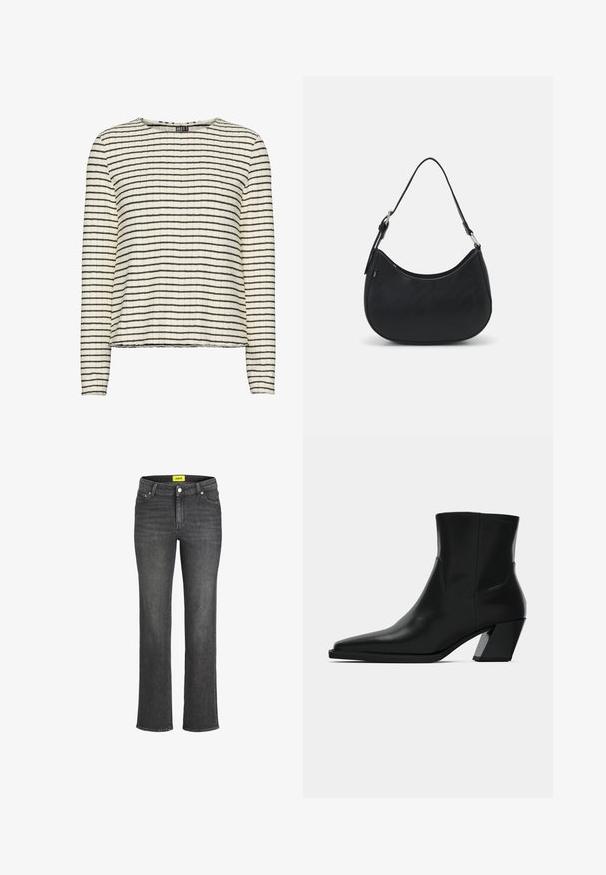 Top de manga larga en tejido crema texturizado con finas rayas negras horizontales, con un escote redondo y un dobladillo recto.; Jeans de denim gris oscuro con diseño de pierna recta, estilo de cinco bolsillos y etiqueta de marca amarilla en la cinturilla. Cierre de botón metálico.; Bota de tobillo de cuero negro con punta afilada, una silueta elegante y un tacón cuadrado grueso. Textura suave con detalles de costura mínimos.; Bolso hobo negro hecho de cuero suave con una silueta curva, que cuenta con una sola correa ajustable y detalles de diseño minimalistas.