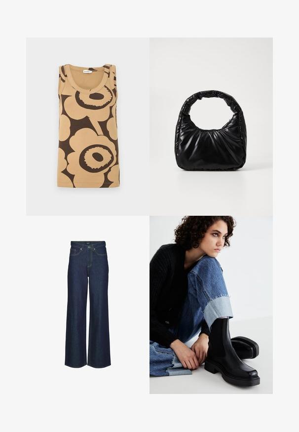 Ærmeløs beige tanktop med stort mørkebrunt abstrakt blomsterprint, rund halsudskæring og ribbet stofstruktur, lagt fladt.; Mørk denim brede bukser med høj talje, prydet med syninger, bæltestropper og forlommer. Glat tekstur, klassisk design.; Sorte ankelstøvler med elastiske sidepaneler, tyk sål og firkantet tå. Båret med slidte blå jeans med en frynset kant.; Sort polstret håndtaske med et rundt håndtag, der har en glat, skinnende overflade og en blød, kviltet tekstur. Ingen synlige hardware eller accenter.