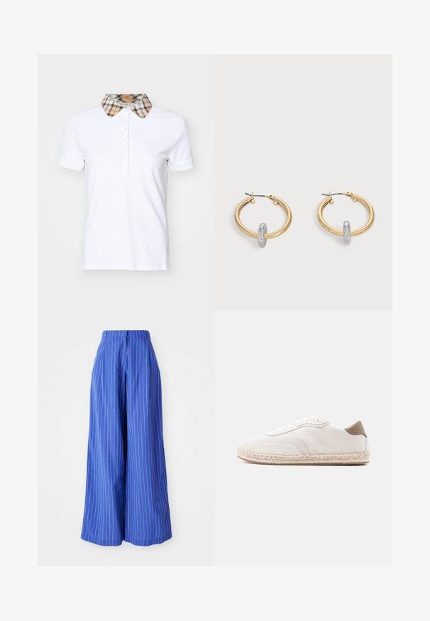 Barbour MALVERN - Polo - white/hessian; Pantalons à jambes larges en tissu bleu vif avec des rayures blanches verticales, présentant une taille haute et une texture lisse.; Baskets blanches avec une tige en daim, des accents beiges et une semelle en jute tressé. Elles sont équipées de lacets plats et arborent un logo de marque sur le côté.; Paire de boucles d'oreilles créoles dorées avec un petit détail boucle ton argent sur chaque, exposées sur fond gris clair.