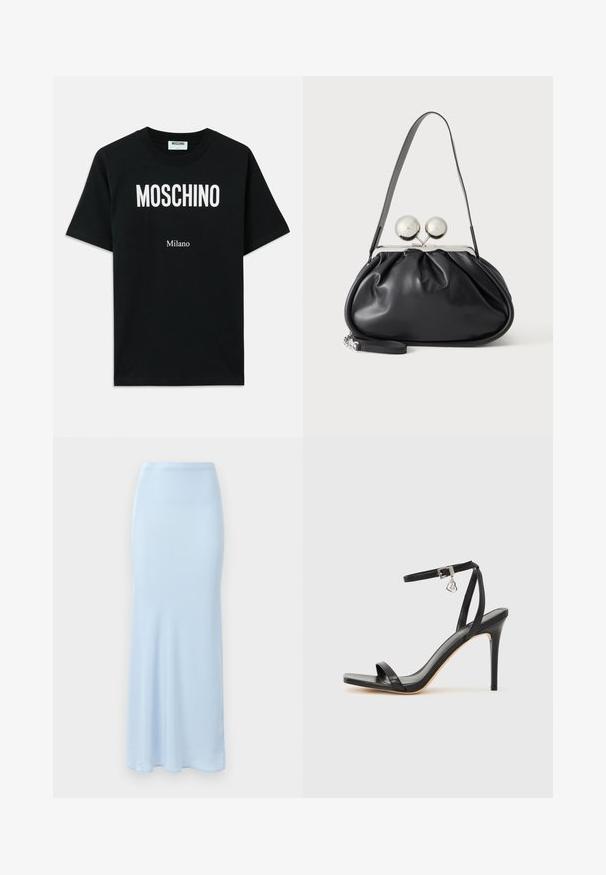 Sort bomulds T-shirt med en fed hvid "MOSCHINO" logo øverst og "Milano" nedenunder, med korte ærmer og rund halsudskæring.; Lyseblå, gulvlængde satin nederdel med en tætsiddende talje og en let flair i bunden på en hvid baggrund.; Sort hæl-sandal med smal ankrem, firkantet tå-boks, glat lædermateriale og metalspænde som pynt.; Sort læderhåndtaske med opsamlet design, en enkelt rem, sølv metalramme og to store runde sølv lukninger.
