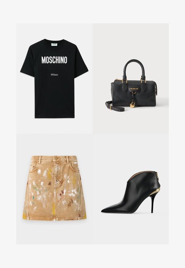 T-shirt en coton noir avec un logo "MOSCHINO" en blanc au-dessus et "Milano" en dessous, à manches courtes et avec un col rond.; Jupe en jean beige avec poches avant et éclaboussures de peinture blanche, jaune, verte, bleue et brune, créant un look artistique décontracté.; Bottine à talon stiletto en cuir noir à bout pointu, avec détail en métal doré et fermeture éclair à l’arrière sur fond gris clair.; Sac à main Love Moschino noir avec doubles poignées, bandoulière amovible, ferrures dorées et breloque en forme de cœur à l'avant.