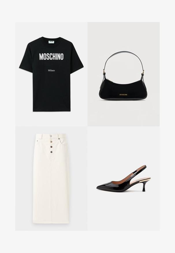 T-shirt en coton noir avec un logo "MOSCHINO" en blanc au-dessus et "Milano" en dessous, à manches courtes et avec un col rond.; Jupe en denim blanc à boutons, de forme droite, avec cinq boutons métalliques et deux poches latérales, texture lisse et longueur au genou.; Escarpin slingback en cuir verni noir avec bout pointu et petit talon kitten sur fond blanc uni.; Sac à bandoulière en cuir verni noir de forme incurvée, logo doré "LOVE MOSCHINO" sur le devant, et bandoulière ajustable avec ferrures dorées.