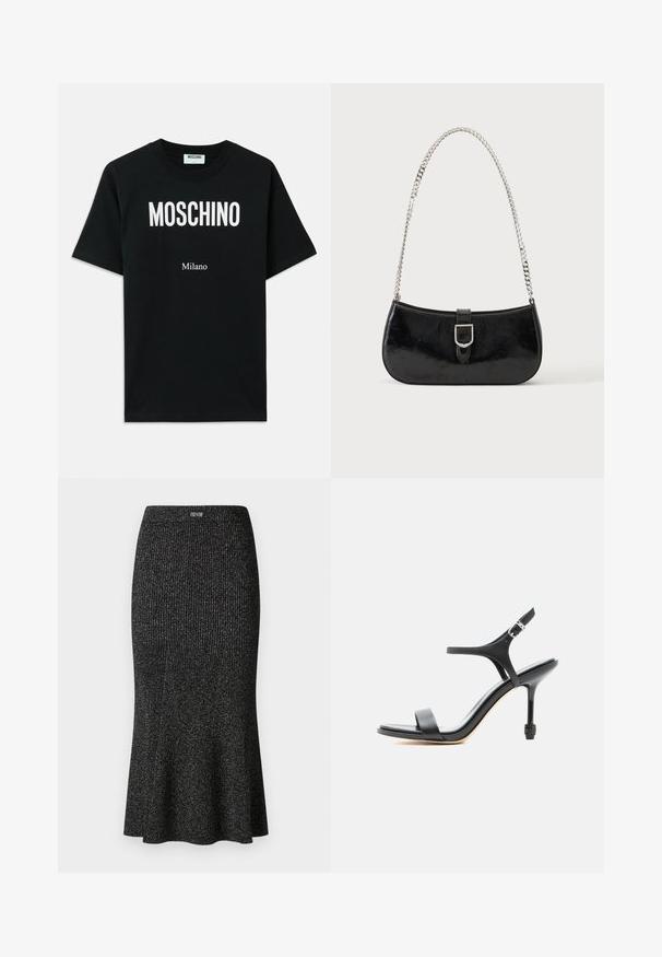 Schwarzes Baumwoll-T-Shirt mit fettem weißen "MOSCHINO"-Logo oben und "Milano" darunter, mit kurzen Ärmeln und Rundhalsausschnitt.; Schwarzer, gerippter Midirock aus einem dehnbaren Stoff, mit ausgestelltem Saum, subtiler glänzender Oberfläche und elastischem Bund, ausgestattet mit einem Logoakzent nahe der Oberkante.; Schwarze hochhackige Sandale aus Leder mit dünnen Riemen, offenem Zehenbereich und verstellbarer Schnalle am Knöchel, vor einem schlichten weißen Hintergrund präsentiert.; Schwarze Schultertasche aus Lackleder mit silberner Schnalle und silbernem Kettenriemen, auf hellem einfarbigen Hintergrund präsentiert.