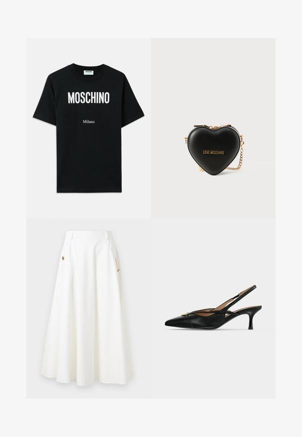Sort bomulds T-shirt med en fed hvid "MOSCHINO" logo øverst og "Milano" nedenunder, med korte ærmer og rund halsudskæring.; Hvid A-line midi-nederdel med sidelommer, guldkæde og dekorative knapdetaljer samt bæltesløjfer i taljen.; Sort læder spids slingback sko med lav killingehæl og guldbeslag foran.; Sort hjerteformet håndtaske lavet af kunstlæder, har en gylden kædestrop, gylden lynlås og "LOVE MOSCHINO" logo i gyldne bogstaver.