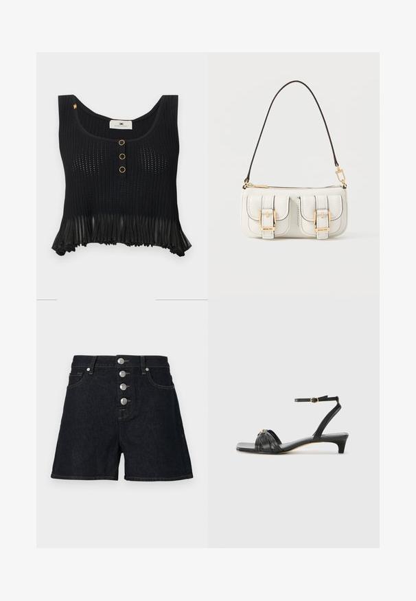 Sort ærmeløs strikket crop top med tre guldtrimmede knapper foran og flæset gennemsigtigt kantdetalje.; Mørke denim shorts med højtalje, der har fem sølvknapper, to frontlommer og en rå kant. Stoffet har en glat tekstur.; Sorte lædersandal med firkantet tå, vævet remdesign, ankelrem med gyldent hardware og en lav, spidset hæl.; Hvid lædertaske med tre forlommer foran, guldfarvet beslag og brun skulderrem. Forstærkede syninger langs kanterne.