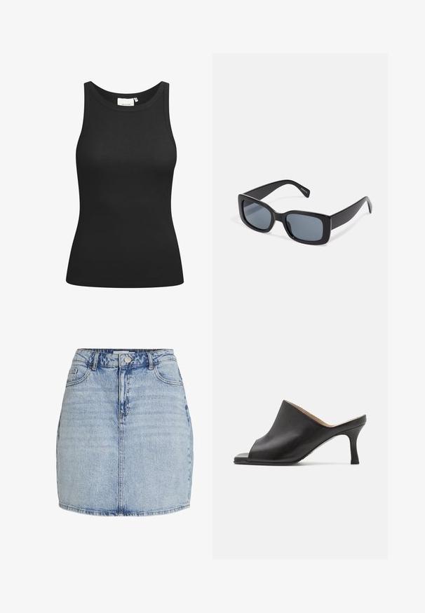 Top negro sin mangas hecho de tela acanalada, con un escote en forma de bote y un ajuste ceñido. Costuras planas y sin adornos. Diseño simple y elegante.; Mini falda de mezclilla azul claro con cierre frontal de botones y cremallera, trabillas para cinturón y bolsillos delanteros.; Selected ASHLEY - Mules de tacón - black; Gafas de sol rectangulares negras con lentes oscuros, montura de plástico grueso y patillas anchas. Superficie lisa y diseño anguloso.