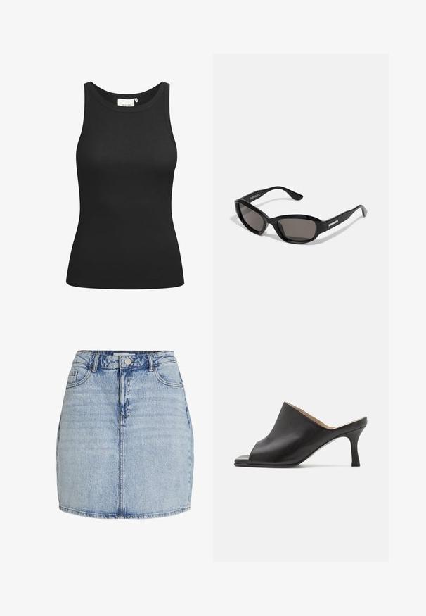 Zwarte tanktop van ribstof, met een ronde hals en een aansluitende pasvorm. Platte naden en zonder versieringen. Eenvoudig en strak ontwerp.; Lichtblauwe denim mini-jurk met een sluiting met knopen en rits aan de voorkant, riemlussen en voorzakken.; Selected ASHLEY - Muiltjes met hak - black; Zwarte zonnebril met een rechthoekig frame, donkere lenzen, gladde plastic materiaal en een metalen accent op de poot.