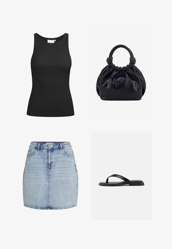 Zwarte tanktop van ribstof, met een ronde hals en een aansluitende pasvorm. Platte naden en zonder versieringen. Eenvoudig en strak ontwerp.; Lichtblauwe denim mini-jurk met een sluiting met knopen en rits aan de voorkant, riemlussen en voorzakken.; Zwarte platte teenslipper met gestructureerde band en licht verhoogde hak, weergegeven in zijprofiel tegen een effen lichte achtergrond.; Zwarte zachte leren handtas met geplooide bovenkant en twee dikke handvatten die in knopen zijn gestrikt tegen een effen lichte achtergrond.
