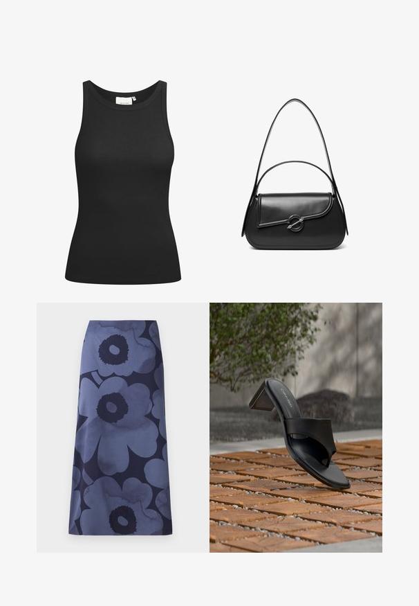 Schwarzes Tanktop aus Rippstoff mit Rundhalsausschnitt und figurbetonter Passform. Flache Nähte und keine Verzierungen. Einfaches und elegantes Design.; Blumenbedruckter Midi-Rock mit großen dunkelblauen Blumen auf einem helleren blauen Hintergrund; der Stoff wirkt glatt mit einer leicht glänzenden Textur.; Schwarze Calvin Klein Sandale mit Absatz und Zehenschlaufe auf einem Holzkachelfußboden im Freien neben einem Baum und einer Steinmauer.; Schwarze Lederschultertasche mit einer geschwungenen Klappe, die durch einen runden Metallverschluss gesichert ist, und einem schlanken, verstellbaren Riemen.