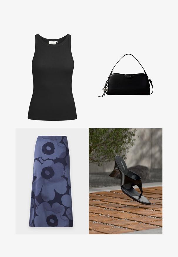Zwarte tanktop van ribstof, met een ronde hals en een aansluitende pasvorm. Platte naden en zonder versieringen. Eenvoudig en strak ontwerp.; Midi-jurk met bloemenprint met grote donkerblauwe bloemen op een lichterblauwe achtergrond; de stof lijkt glad met een licht glanzende textuur.; Zwarte Calvin Klein hoge hak teenslipper die zweeft boven een betegeld buitenterrein met groen en een betonnen muur op de achtergrond.; Zwarte rechthoekige Calvin Klein handtas met enkele bovenriem, zilveren logo-ornament en een kleine klepsluiting aan de voorkant.