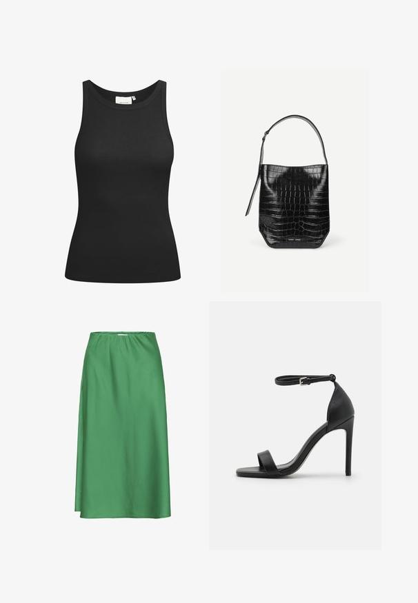 Sort tanktop lavet af ribbet materiale, med en scooped halsudskæring og en tætsiddende form. Flade sømme og ingen udsmykninger. Enkel og strømlinet design.; Grøn satin nederdel med elastisk taljebånd, midt-længde, glat tekstur og et enkelt, flydende design uden synlige mønstre eller accenter.; Sort højhælet sandal med et sleek design, der har en ankelrem, åben tå og glat lædertekstur.; Sort spandtaske i krokodillepræget læder med enkelt skulderrem og lille sølvfarvet mærkelogo foran nederst i midten.