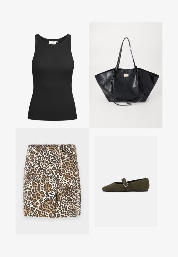 Zwarte tanktop van ribstof, met een ronde hals en een aansluitende pasvorm. Platte naden en zonder versieringen. Eenvoudig en strak ontwerp.; JDY JDYRAY Short - Minirok - pumice stone; Olijfgroene suède Mary Jane platte schoen met zilveren gespsluiting en afgeronde neus, getoond op een witte achtergrond.; Zwarte tote bag met een krokodillenpatroon, gladde textuur, dubbele schouderbanden en een centrale goudkleurige hardware detail.
