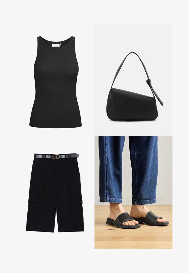 Zwarte tanktop van ribstof, met een ronde hals en een aansluitende pasvorm. Platte naden en zonder versieringen. Eenvoudig en strak ontwerp.; Zwarte cargokortingen gemaakt van lichtgewicht stof, met een rechte snit, zijzakken en een leren riem in bruin met een zilveren gesp.; Zwarte instapsandalen van glad materiaal, met een open teen en een brede bovenband, geplaatst tegen donkere denimspijkerbroeken met een rechte pasvorm.; Zwart leren handtas met een driehoekige vorm, schuine klep en een ronde handgreep. Heeft een gladde textuur en minimalistische ontwerpelementen.