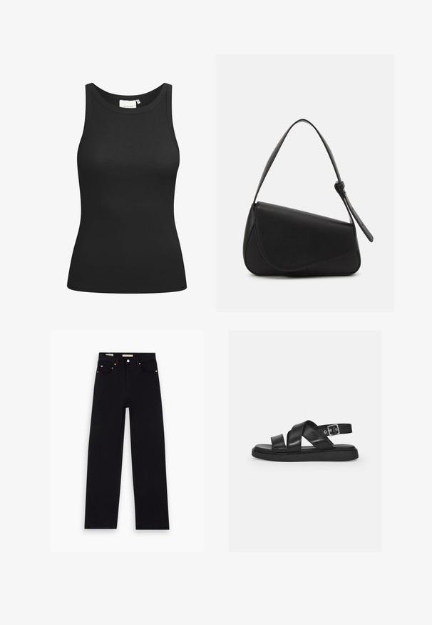 Zwarte tanktop van ribstof, met een ronde hals en een aansluitende pasvorm. Platte naden en zonder versieringen. Eenvoudig en strak ontwerp.; Zwarte denim jeans met een recht model, vijf zakken, koperen hardware en een gladde textuur. Twee labels zichtbaar op de tailleband.; Zwarte leren sandalen met gekruiste banden, verstelbare enkelgesp, platte zool en minimalistisch ontwerp. Zachte textuur met matte afwerking.; Zwart leren handtas met een driehoekige vorm, schuine klep en een ronde handgreep. Heeft een gladde textuur en minimalistische ontwerpelementen.