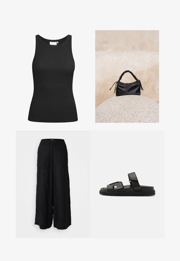 Sort tanktop lavet af ribbet materiale, med en scooped halsudskæring og en tætsiddende form. Flade sømme og ingen udsmykninger. Enkel og strømlinet design.; Sorte vide benbukser lavet af hør med elastisk talje. Stoffet har en mat tekstur og falder løst fra taljen til anklerne.; Sorte læder slidesandaler med et bredt stropdesign med geometriske udskæringer og en tekstureret finish, suppleret med en tyk gummisål.; Sort håndtaske med rynkede detaljer og et samlet håndtag, hvilende på en tekstureret stensfære mod en beige betonvæg.