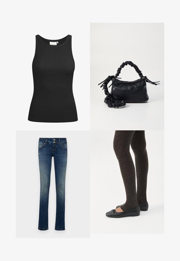 Sort tanktop lavet af ribbet materiale, med en scooped halsudskæring og en tætsiddende form. Flade sømme og ingen udsmykninger. Enkel og strømlinet design.; Blå denim jeans med slim fit, der har en to-knaps lukning, falmet vask og let slidte detaljer på forlommerne.; Ben iført mørke ribbede leggings kombineret med sorte balletsko med små sløjfedetaljer på hvid baggrund.; Sort kunstlæder håndtaske med krokodilteksur, indsnøret top og en sammenkrøben rem. Ser blød og kompakt ud i designet.