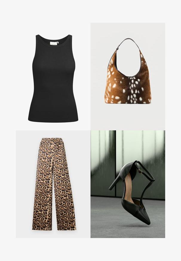 Sort tanktop lavet af ribbet materiale, med en scooped halsudskæring og en tætsiddende form. Flade sømme og ingen udsmykninger. Enkel og strømlinet design.; Bredde bukser med leopardprint i beige og sort, med elastisk talje og en glat overflade.; Sort læder højhælet sko med spids tå og ankelrem, hængende over en grå overflade med frostede glasplader i baggrunden.; Brun og sort håndtaske med hvid pletskindtekstur og en enkelt sort skulderrem på en ensfarvet baggrund.