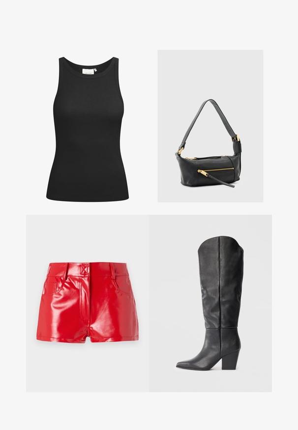 Débardeur noir en tissu côtelé, avec un décolleté en forme de rond et une coupe ajustée. Coutures plates et sans ornements. Design simple et épuré.; Shorts en simili cuir rouge avec une finition brillante, présentant une taille haute, des poches avant et des détails de couture. Design structuré et ajusté.; Bottes noires en cuir, montant jusqu'au genou, avec un bout pointu et un talon épais. Le design présente une texture lisse et des lignes minimalistes.; Sac à bandoulière en cuir noir avec deux poches zippées, détails en métal doré et une large sangle réglable. Texture lisse et forme rectangulaire.