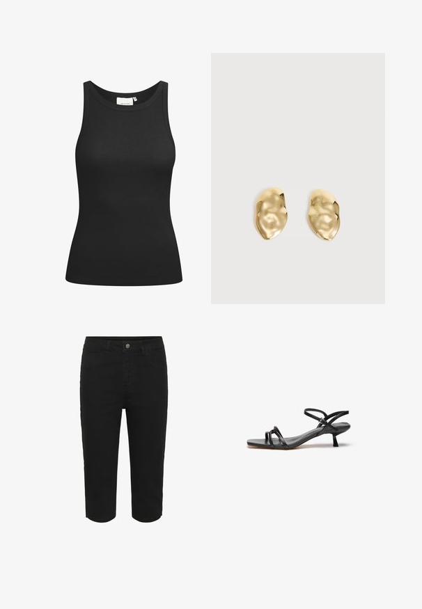 Débardeur noir en tissu côtelé, avec un décolleté en forme de rond et une coupe ajustée. Coutures plates et sans ornements. Design simple et épuré.; Shorts en denim noirs jusqu'aux genoux avec bouton frontal, fermeture éclair et style à cinq poches.; Sandale en cuir noir au design épuré et minimaliste. Dotée de deux fines lanières et d'un petit talon incliné. Texture lisse et bout ouvert.; Paire de boucles d'oreilles en métal doré brillant, de forme irrégulière, avec une surface froissée et lisse sur un fond clair uni.
