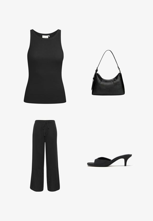 Sort tanktop lavet af ribbet materiale, med en scooped halsudskæring og en tætsiddende form. Flade sømme og ingen udsmykninger. Enkel og strømlinet design.; Culture CUNAVI CLARINA - Bukser - black; Sort mule med åben tå, lav kittenhæl og bred rem over fronten, vist fra siden på hvid baggrund.; Sort syntetisk læder håndtaske med en buet form, kort håndtag, lynlåslukning og en subtil tekstureret overflade.