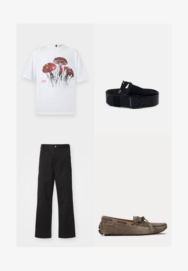 Witte T-shirt met korte mouwen met een afbeelding van vier rode en zwarte kwallen en een klein Oakley-logo aan de voorkant.; Zwarte broek van duurzame stof met een rechte pasvorm, voorzien van een knoopsluiting aan de voorkant, riemlussen en zonder zichtbare patronen of accenten.; Lichtbruine suède loafer met veter- en kwastdetail, gestikte moc-toe en rubberen zool, zijaanzicht.; Zwarte nylon riem met een gestructureerde afwerking, voorzien van een zwarte metalen gesp en gouden accenten. Verstelbare lengte met branding op de band.