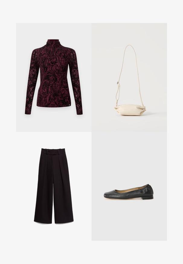Haut à manches longues bordeaux à col roulé avec un motif floral noir complexe et tourbillonnant et une silhouette ajustée sur un fond clair uni.; Pantalon noir à jambes larges avec taille haute, passants pour ceinture, poches latérales et plis à l'avant, présenté à plat sur fond blanc.; Ballerines en cuir noir avec un bout arrondi et des coutures minimales. Talon bas et rectangulaire avec une texture lisse. Détails subtils de doublure intérieure.; Petit sac bandoulière en cuir beige avec sangle ajustable, présenté sur un fond clair uni.