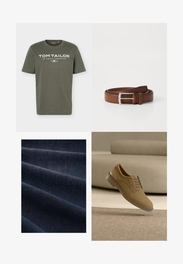 Olivengrøn T-shirt med korte ærmer og rund hals med hvid tekst "TOM TAILOR THE CASUAL DEPARTMENT 1962" trykt på brystet.; Mørkeblå denimstof med en ribbet tekstur, der viser folder og bølger, hvilket fremhæver dens vægt og holdbarhed.; Beige afslappet snøresko svævende over et struktureret tæppe med en beige buet sofa i baggrunden.; Brun læderbælte med en glat overflade, præget af en sølvfarvet metalspænde og diskret syning langs kanterne. Klassisk og holdbart design.