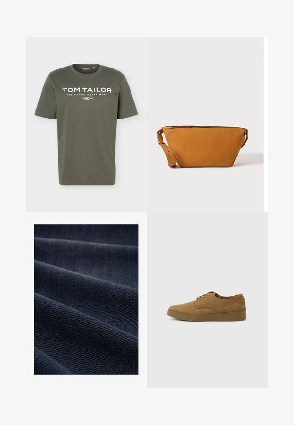 Olivovo zelené tričko s krátkym rukávom a okrúhlym výstrihom s bielym nápisom "TOM TAILOR THE CASUAL DEPARTMENT 1962" potlačeným na hrudi.; Tmavomodrá džínová tkanina s rebrovanou štruktúrou, ktorá zobrazuje záhyby a vlny, zvýrazňujúca jej hmotnosť a odolnosť.; Hnedá semišová ležérna obuv na šnurovanie s plochou gumovou podrážkou, zobrazená z boku na jednoduchom svetlom pozadí.; Svetlohnedá kožená crossbody taška s nastaviteľným popruhom a zipsovým uzáverom, zobrazená na jednoduchom svetlom pozadí.