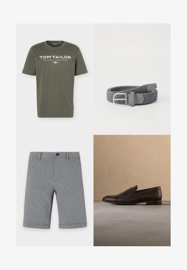 Oliivroheline lühikeste varrukatega ümara kaelusega T-särk, millel on valge tekst "TOM TAILOR THE CASUAL DEPARTMENT 1962" rinnal trükitud.; Hallide, põlveulatuses hallid lühikesed püksid, mis on valmistatud tekstureeritud kangast, nööpidega kinni tõmmatavad, ühe esise taskuga ja korralikult keritud servadega.; Tumepruun nahast loafer-king, mis hõljub beeživaiba kohal, taustal on kõver beeždiivan.; Kootud hall vöö hõbedase metallist kinnitusega, millel on tekstureeritud disain ja sile nahk aktsentideks kinnituse ja otsa lähedal.