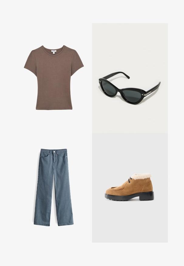 Kurzärmliges, tailliertes braunes T-Shirt mit Rundhalsausschnitt aus glattem Stoff mit sichtbaren Nähten an den Kanten und einem kleinen Größenetikett innen im Kragen.; Helle blaue und weiße gestreifte weite Hosen mit hoher Taille, ausgestattet mit fünf Taschen und einem knöpfbaren Bund.; Braune Wildleder-Ankle-Boots mit einem weichen, cremefarbenen Fellfutter, schwarzer Gummisohle, runder Zehenform und schwarzen Schnüren; dezente Nähdetails.; Schwarze Cat-Eye-Sonnenbrille mit dunklen Gläsern, glänzendem Kunststoffrahmen und silbernen Hardware-Akzenten an den Bügeln. Glatte Oberfläche insgesamt.
