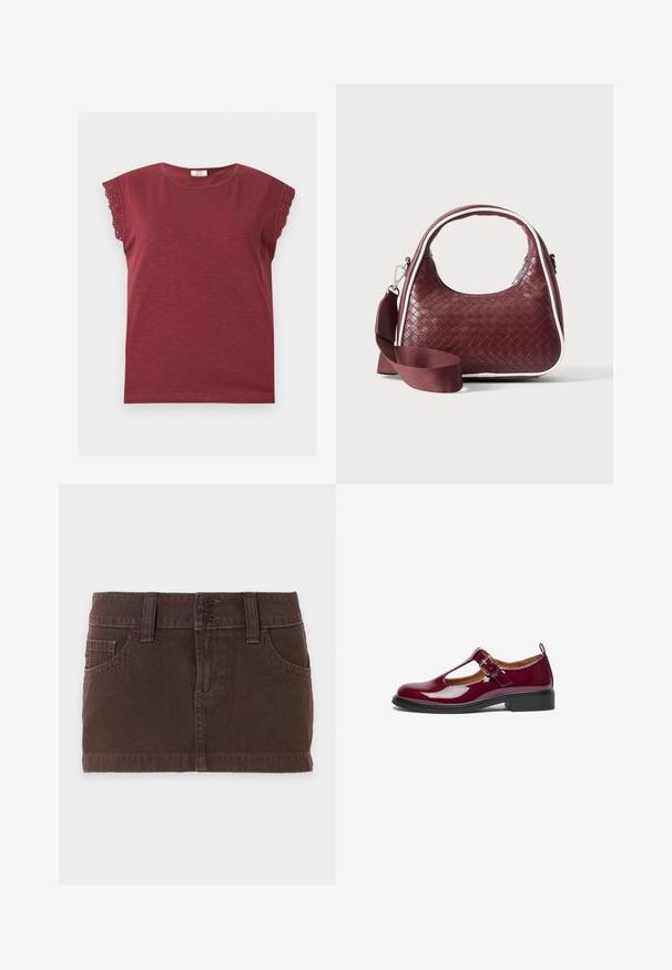 Chemise bordeaux à manches courtes avec encolure ronde et bordure en dentelle aux bords des manches, posée à plat sur un fond clair.; Mini-jupe en denim marron avec poches avant, passants de ceinture et double fermeture à boutons sur un fond clair uni.; Chaussure Mary Jane en cuir verni bourgogne avec un bout arrondi, une bride T, une boucle ajustable et un petit talon carré. Texture lisse et design simple.; Sac à main en cuir tressé marron foncé avec poignée courbée, garniture blanche, fermeture éclair argentée et bandoulière large en tissu amovible sur fond uni.