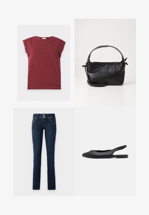 Vinrød kortærmet skjorte med rund halsudskæring og blonderkant på ærmekanter, lagt fladt på en lys baggrund.; Mørkeblå skinny jeans med dobbeltknaplukning, frontlommer og gule syninger på hvid baggrund.; Sorte læder slingback sko med spidse tæer, flad hæl og buet udskæringsdesign. Glat overflade og minimalistisk stil.; Sort læderhåndtaske med et struktureret design, rund tophåndtag og aftagelig skulderrem. Den har en glat tekstur og en subtil glans.