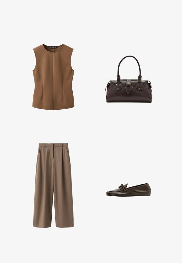 Top sans manches marron en tissu texturé avec un col rond et deux plis verticaux à l'avant. Design simple et ajusté.; Pantalons marron à jambe large avec une texture lisse, des plis avant et une taille haute. Dotés d'un design ajusté et de poches latérales.; Mocassin plat en cuir brun foncé avec un bout arrondi et un nœud décoratif sur le dessus, vu de côté sur fond blanc.; Sac à main en cuir marron foncé avec deux poignées, une sangle centrale à boucle et des détails en métal doré.
