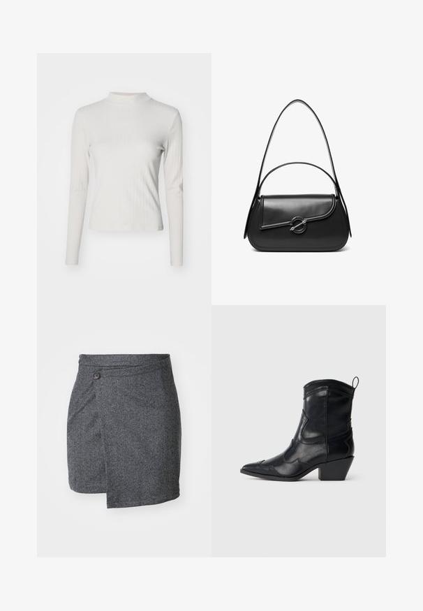 Top de manga larga en beige claro con textura acanalada, cuello alto simulado y textura suave, con un corte ajustado y detalles de diseño mínimos.; Falda envolvente en espiga gris hecha de tejido de lana texturizado, con un cierre de un solo botón en la cintura y un dobladillo asimétrico.; Bota occidental de cuero negro hasta la mitad de la pantorrilla con punta afilada, costuras decorativas, lengüeta y tacón cuadrado apilado sobre un fondo neutro.; Bolso de hombro de cuero negro con una solapa curva asegurada por un broche metálico redondo y una correa delgada y ajustable.