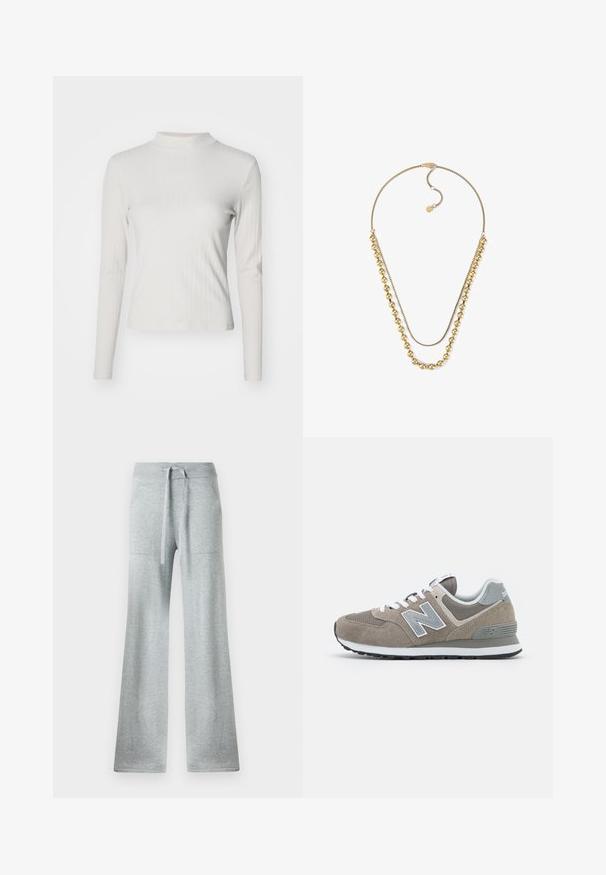 Lichtbeige, langärmeliges, geripptes Oberteil mit Stehkragen und glatter Textur, das eine figurbetonte Form und dezente Designdetails aufweist.; Grijze flare sweatpants met een geribbelde tailleband en een trekkoord, voorzien van zijzakken en een zachte, gestructureerde stof.; Bruine suède sneakers met grijze mesh accenten, witte veters en een grijs 'N' logo. Rubber zolen met een lichte profiel voor grip.; Goudkleurige dubbele ketting met één ketting van gladde ronde kralen en één dunne boxketting, met een verstelbare sluiting.