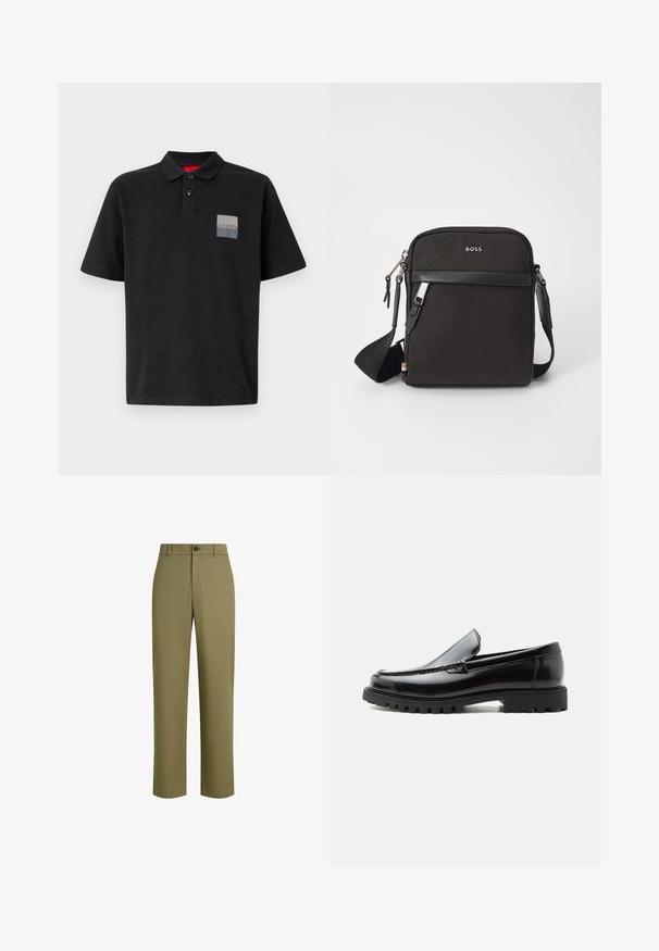 Camisa polo negra de algodón con un cuello de dos botones, mangas cortas y un parche rectangular gris en el lado izquierdo del pecho.; Pantalones verde oliva de tela suave, con un diseño de pierna recta, cierre de un solo botón y una textura sutil.; Mocasín de cuero negro con suela de goma gruesa, empeine cosido y nombre de la marca en relieve en el talón, mostrado en perfil lateral sobre fondo blanco.; Bolso bandolero negro con un tejido texturizado, logo en la parte frontal, cierre de cremallera y correa ajustable. Presenta un ribete de cuero suave.
