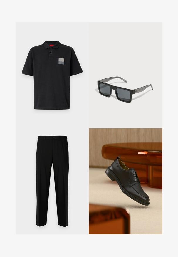 Camisa polo negra de algodón con un cuello de dos botones, mangas cortas y un parche rectangular gris en el lado izquierdo del pecho.; Pantalones negros de tela suave, con corte recto, dos bolsillos frontales y cremallera con cierre de botón.; Zapato de vestir negro de piel con cordones y parte delantera texturizada, flotando sobre una alfombra beige en una habitación moderna con muebles de tono ámbar.; HUGO Gafas de sol - black