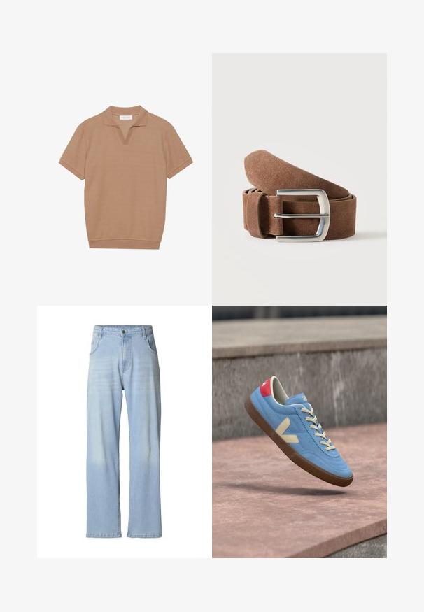 Braun Poloshirt aus strukturiertem Stoff, mit V-Ausschnitt, kurzen Ärmeln und einem gerippten Saum. Einfaches Design ohne Muster oder Akzente.; Hellblaue Jeans aus Denim mit geradem Bein, dezent ausgewaschen, fünf Taschen und einem Metallknopfverschluss am Bund.; Blauer Freizeitschuh mit beigen Schnürsenkeln und Logo, rotem Fersenlasche und brauner Sohle, über einer Betonfläche schwebend.; Brauner Wildledergürtel, zusammengerollt mit silberner rechteckiger Metallschnalle auf schlichtem hellem Hintergrund.