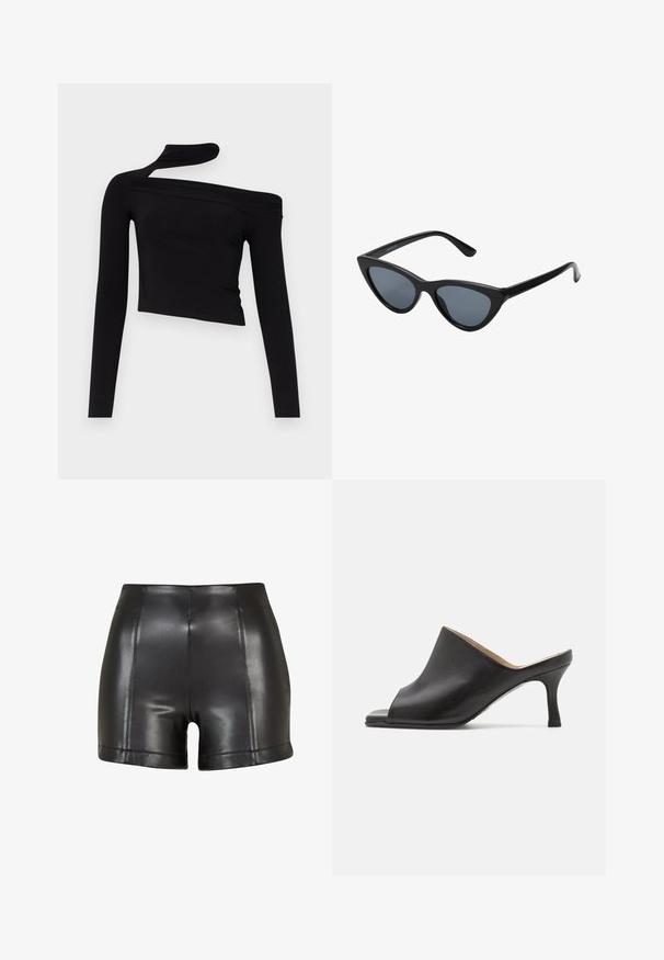 Gina Tricot CUT OUT - Pikkade varrukatega topp - black; Mustast faux nahast šortsid, millel on kõrge talje, sile tekstuur ja nähtavad õmblused esi- ja äärejoonel.; Selected ASHLEY - Kontsaga tagant lahtised kingad - black; Mustad musta kassi silmadega päikeseprillid tumedate hallide läätsedega, stiilne plastraam, teravad nurgad ja sirged kaared. Nähtavad metallist osad või aksessuaarid puuduvad.