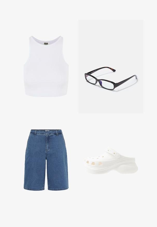 Valge ribadega lühikeste varrukatega tank top, millel on laiad õlavarrepaelad ja ümmargune kaelus. Omab pehmet tekstuuri ja minimalismi, ilma mustriteta.; Sinised pesu denim lühikesed püksid klassikalise lõikega, viie taskuga ja kontrastõmblustega ühendustes. Keskmise kõrgusega vöökoht ja sirged sääred.; Valge vahtkummist suss, millel on tõstetud konts, ümmargused augud ventileerimise jaoks, reguleeritav seljarihm ja tekstuuriga tallad haardumise jaoks.; Ristkülikukujulised prillid, millel on kilpkonnakoore muster, must plastist raam ja läbipaistvad objektiivid. Omab õhukesi templeid ja kerget kõverust otstes.