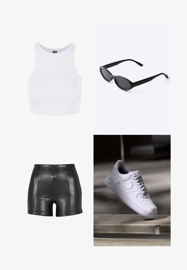 Top corto blanco de canalé con tirantes anchos y escote redondo. Presenta una textura suave y un diseño minimalista sin patrones.; Pantalones cortos de imitación de cuero negros con una cintura alta, textura suave y costuras visibles a lo largo del frente y el dobladillo.; Zapatilla Nike Air Force 1 blanca levitando sobre una superficie de hormigón con sombras en un entorno minimalista.; Gafas de sol ovaladas negras y elegantes con lentes oscuras y patillas rectas, reposando sobre una superficie blanca.