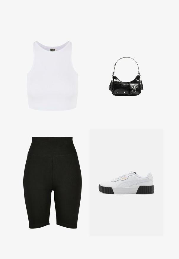 Hvid ribbet cropped tanktop med brede skulderstropper og en rund udskæring. Har en blød tekstur og et minimalistisk design uden mønstre.; Sorte højtaljede cykelshorts lavet af strækstof, med en glat overflade og syet kant, designet til komfort og bevægelsesfrihed.; Hvide sneakers med en tekstureret læderoverdel, sort gummiplatformsål og diskret guldbeskrivelse på siden. Runde snørebånd og syede detaljer.; Sort patenteret læder håndtaske med en buet form, en skulderrem, frontlommer og hardware accenter i sølvfarve.