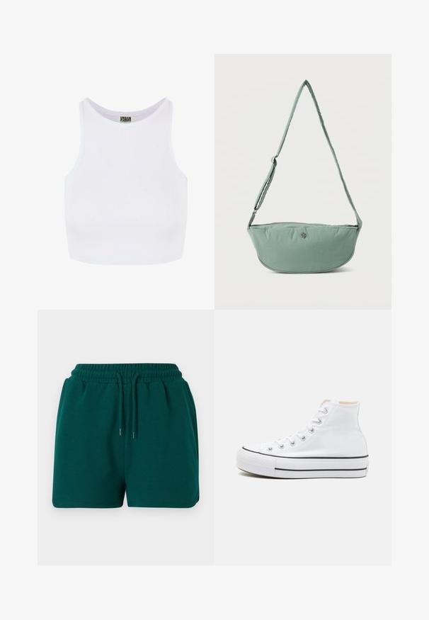 Débardeur court blanc à côtes avec de larges bretelles et un col rond. Il présente une texture douce et un design minimaliste sans motifs.; Shorts vert foncé à taille élastique avec cordon, poches latérales et texture de tissu lisse, présentés sur un fond uni.; Baskets montantes blanches en toile, semelle en caoutchouc noir et bande noire contrastante sur la semelle intermédiaire. Bout rond et design à lacets.; Sac bandoulière en tissu vert clair avec sangle réglable et petit logo métallique à l'avant, présenté sur un fond blanc uni.