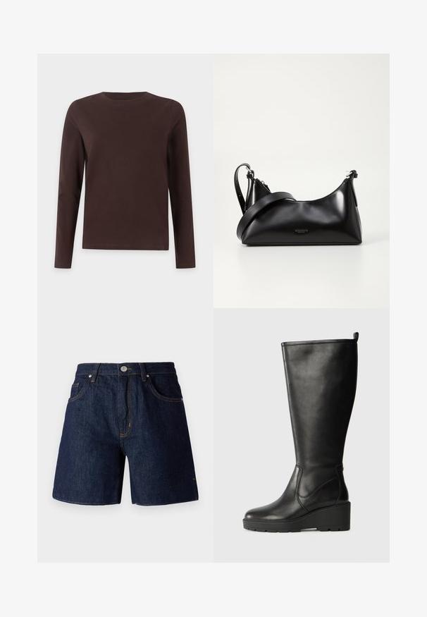 Enkelt langærmet mørkebrun T-shirt med rund halsudskæring og lige kant vist mod en lys grå baggrund.; Mørkeblå denimshorts med kontrastorange syninger. Har fem lommer, knaplukning og lige ben-design.; Sorte læder knæhøje støvler med vadesål, glat tekstur, sømløs design og en lille trækflap øverst for nem påtagning.; Sort læderhåndtaske med en glat tekstur. Har en justerbar stropp og et enkelt, minimalistisk design med lynlås.