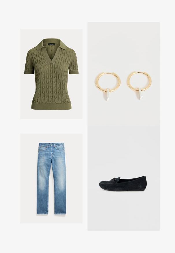 Olivgrünes kurzärmeliges Strickpolo mit Zopfmuster, geripptem Saum und Bündchen sowie tiefem V-Ausschnitt.; Hellblaue Straight-Leg-Denim-Jeans mit leichtem Verblassen, Fünf-Taschen-Design und sichtbarem Polo-Markenlabel am Bund.; Schwarzer Wildleder-Slipper mit rundem Zehenbereich, dekorativer Schleife vorne und kontrastierender Naht. Flache Sohle und glatte Textur.; Goldene Creolen mit kleinen vertikalen silbernen rechteckigen Anhängern, dargestellt auf weißem Hintergrund.