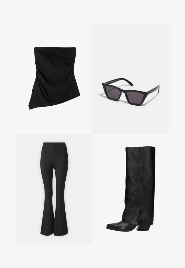 Zwarte strapless top met asymmetrische zoom en subtiele geplooide details aan de zijkanten, ontworpen voor een aansluitende look.; Zwarte flared broeken van rekbare stof. Heeft een hoge tailleband en een gladde, aansluitende pasvorm die vanaf de knie uitloopt.; Hoge zwarte leren laarzen met een vierkante neus en een blokhak. Heeft een gladde textuur en een split aan de achterkant voor extra detail.; Zwarte, hoekige zonnebril met grijze lenzen; gemaakt van plastic, met dikke armen met een gladde oppervlakte en zonder zichtbare hardware.