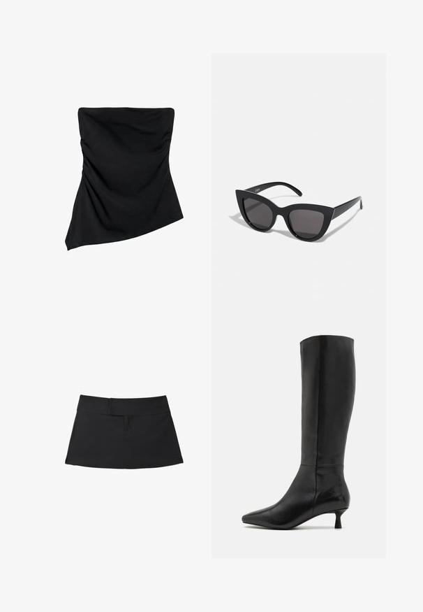 Zwarte strapless top met asymmetrische zoom en subtiele geplooide details aan de zijkanten, ontworpen voor een aansluitende look.; Zwarte korte rok met brede tailleband en eenvoudige naaddetails, plat gelegd op een witte achtergrond.; Zign by Zalando Laarzen - black; Zwarte cat-eye zonnebril met een matte afwerking, voorzien van grijs getinte glazen, scherpe hoeken en slanke zijarmen. Merkennaam zichtbaar op de binnenarm.